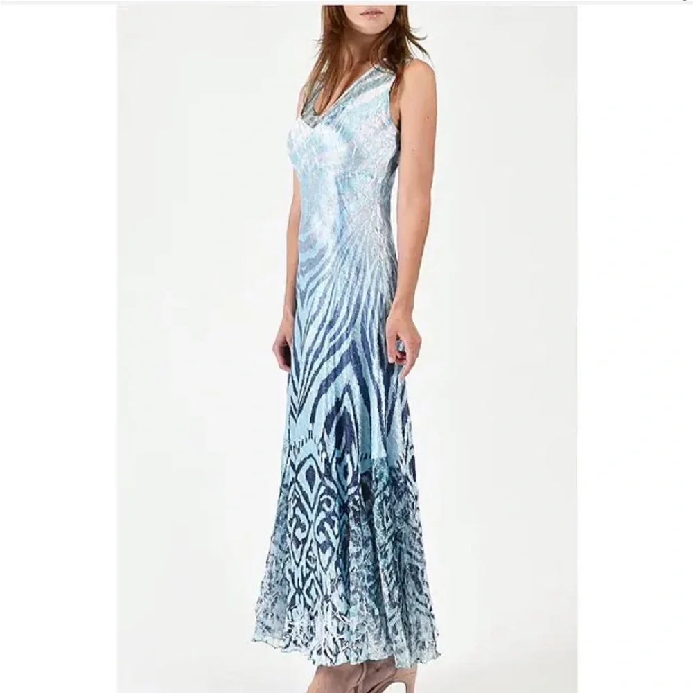 Komarov Charmeuse V-Neck Lace Up Back Crinkle Stretch Blue Floral Maxi Dress M - Picture 14 of 16
